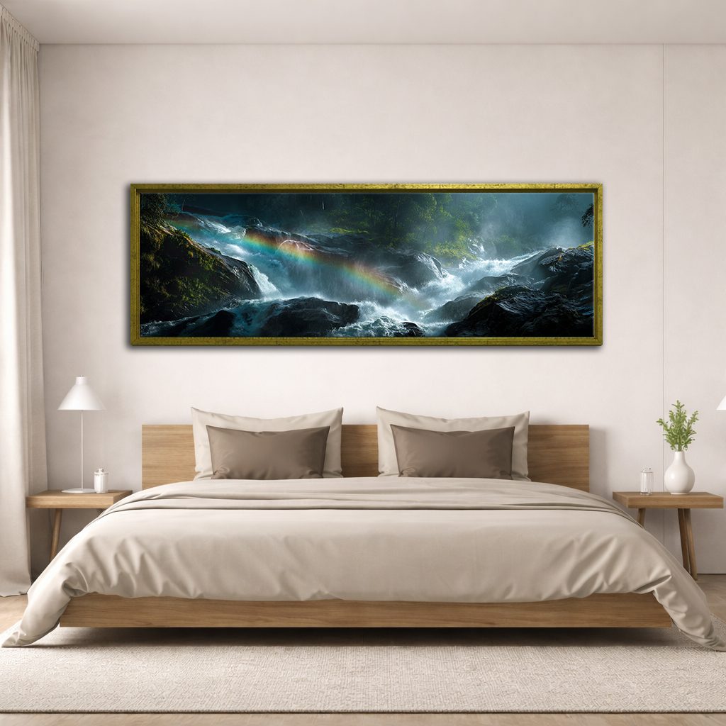 Rainbow over Forest Waterfall canvas wall art, antique gold floating frame