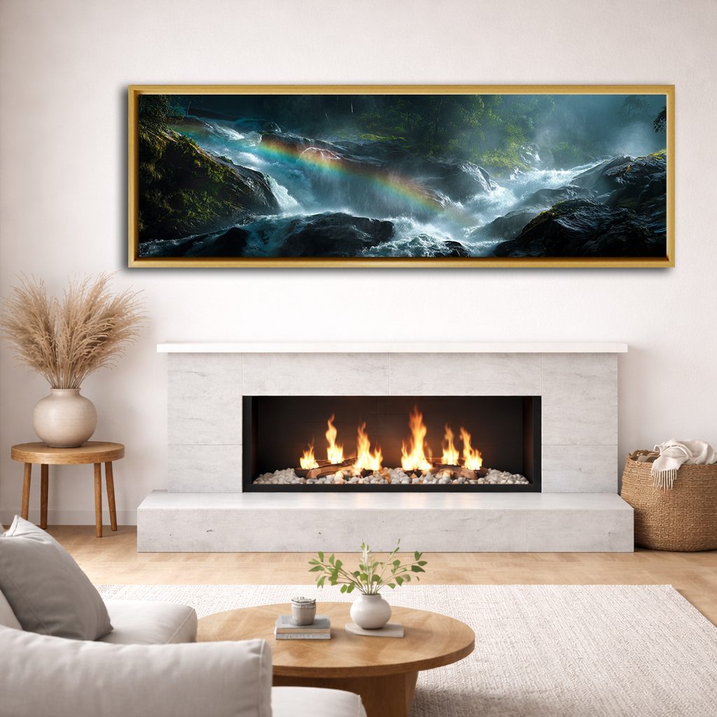 Rainbow over Forest Waterfall canvas wall art, natural wood floating frame