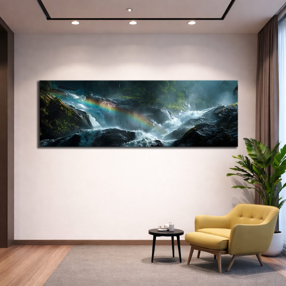 Rainbow over Forest Waterfall canvas wall art, unframed canvas