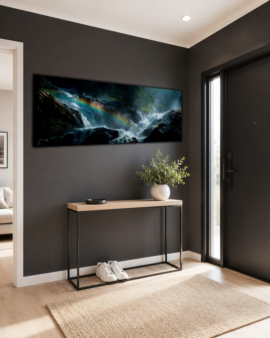 Rainbow over Forest Waterfall canvas wall art, unframed canvas