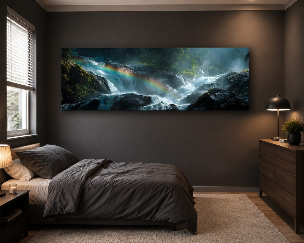 Rainbow over Forest Waterfall canvas wall art, unframed canvas