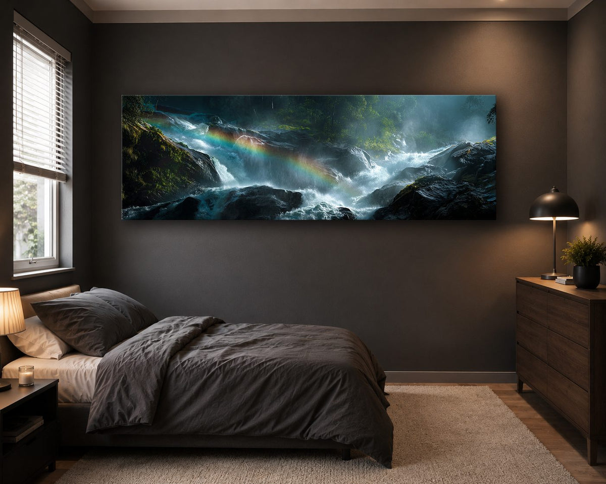 Rainbow over Forest Waterfall canvas wall art, unframed canvas