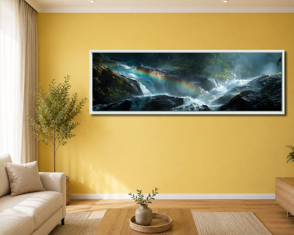 Rainbow over Forest Waterfall canvas wall art, white floating frame