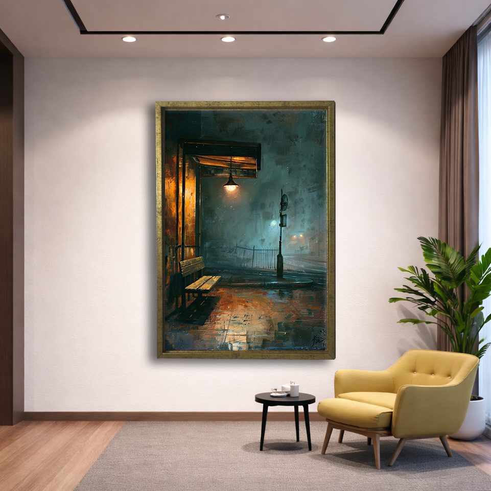 Rainy Night Lamp Post Street canvas wall art, gold floating frame