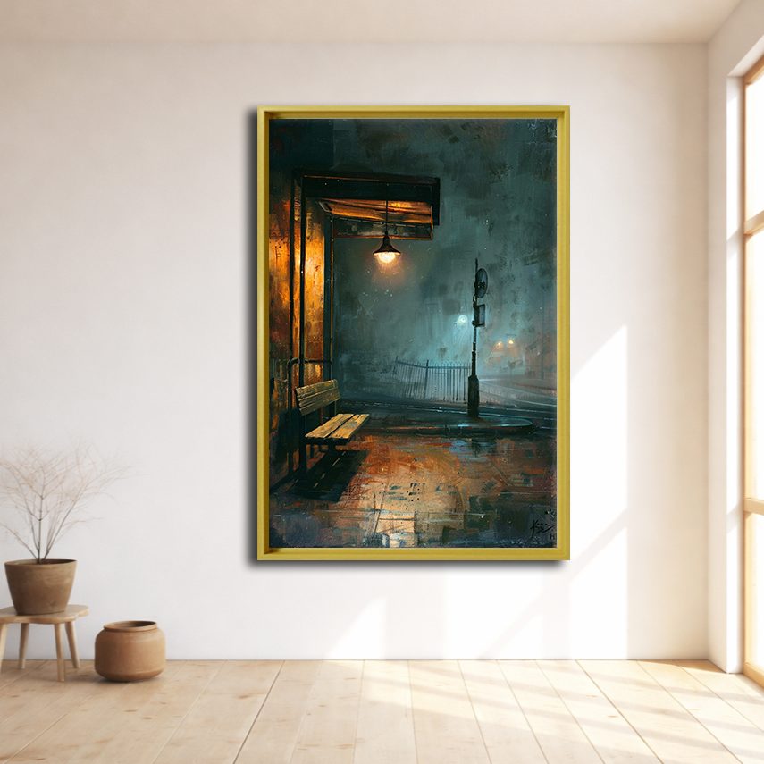 Rainy Night Lamp Post Street canvas wall art, natural wood floating frame