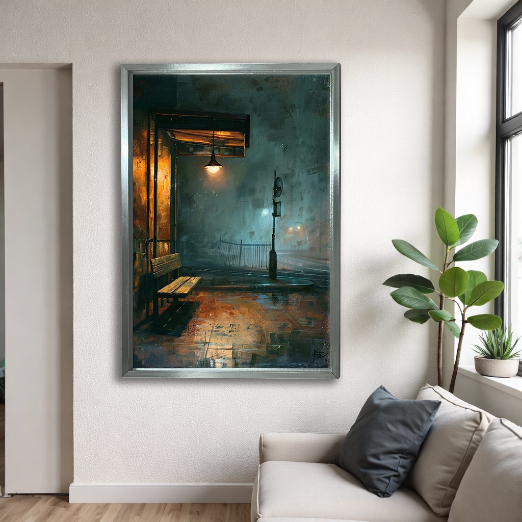 Rainy Night Lamp Post Street canvas wall art, silver floating frame