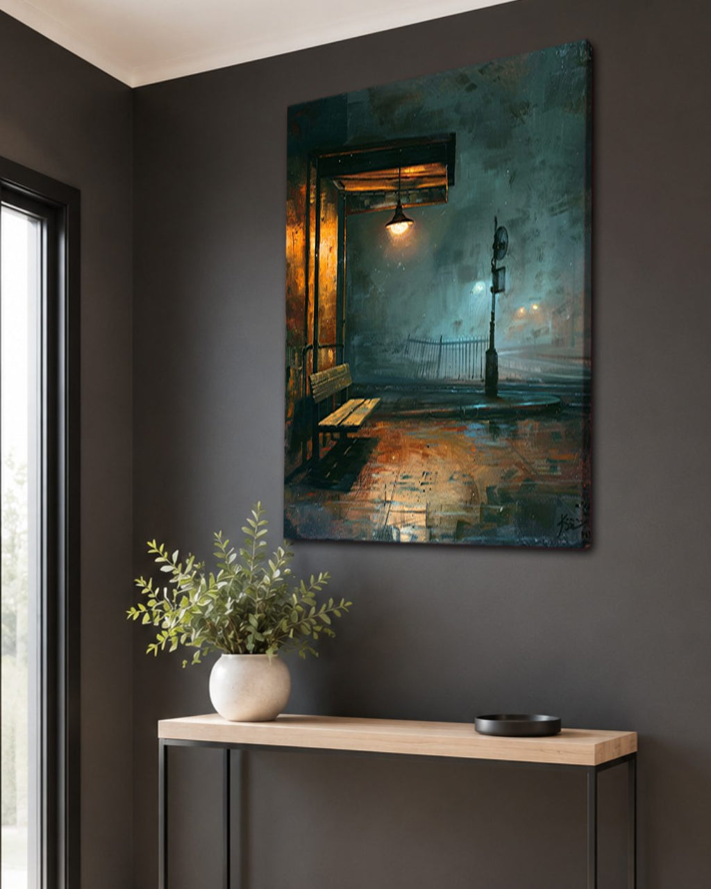 Rainy Night Lamp Post Street canvas wall art, unframed canvas
