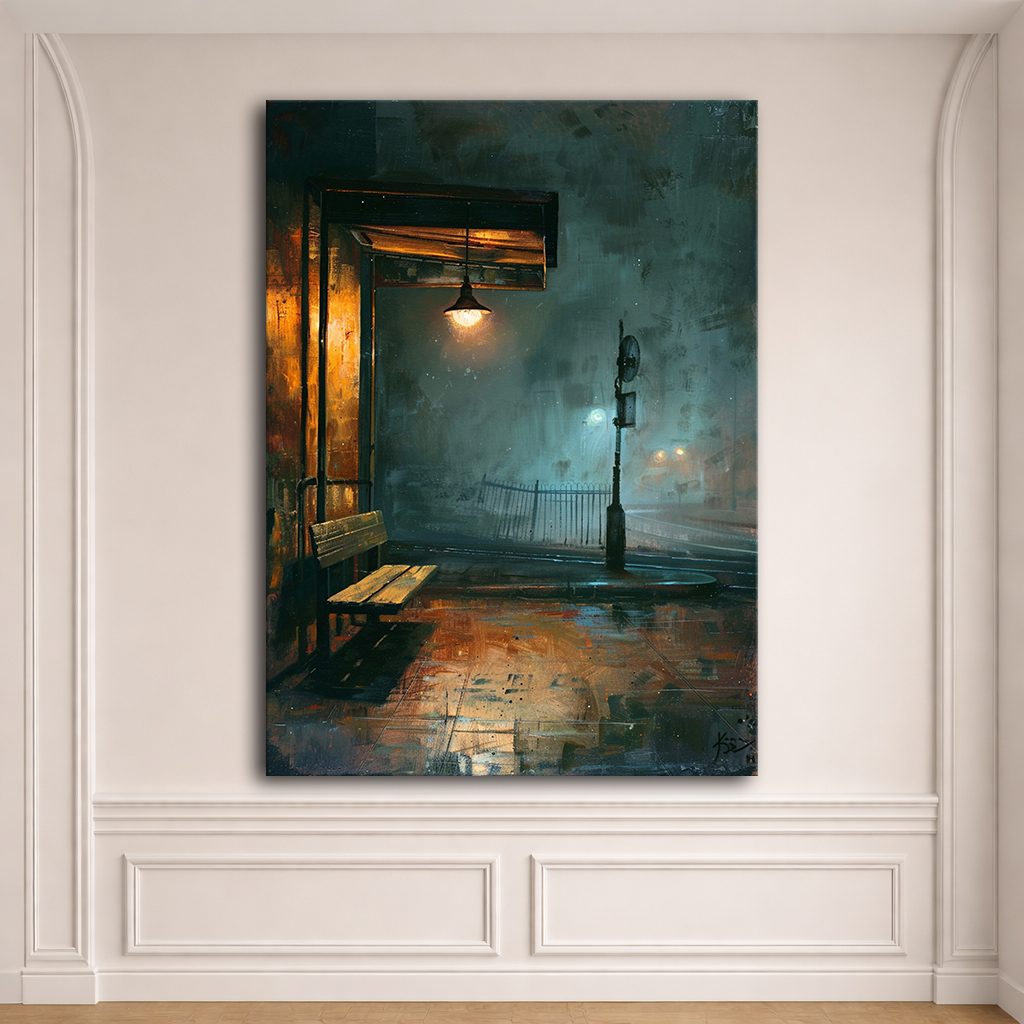 Rainy Night Lamp Post Street canvas wall art, unframed canvas