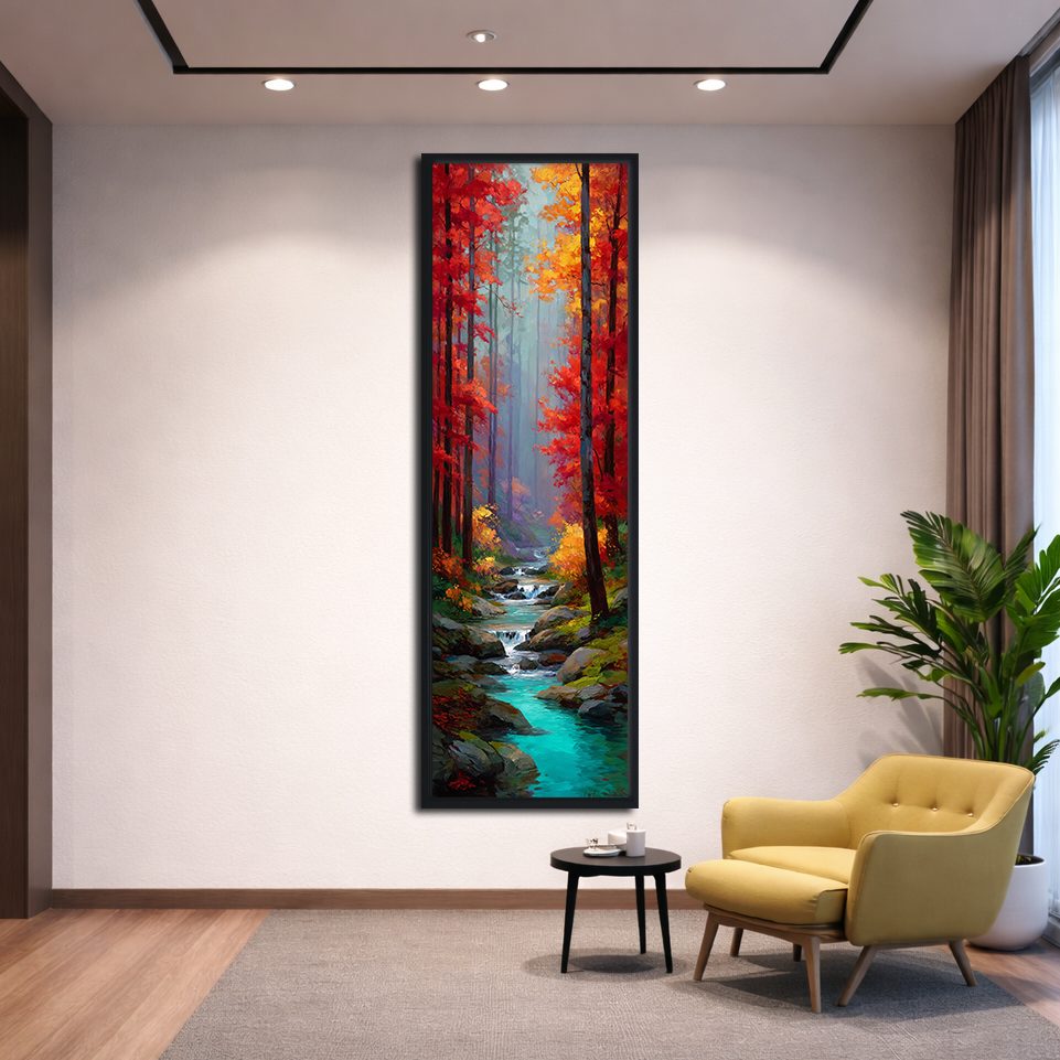 Red Autumn Forest and Turquoise Stream canvas wall art, black floating frame
