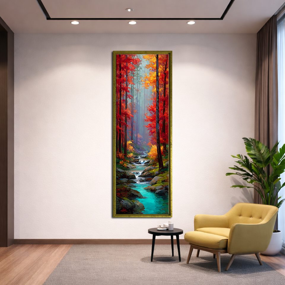 Red Autumn Forest and Turquoise Stream canvas wall art, gold floating frame