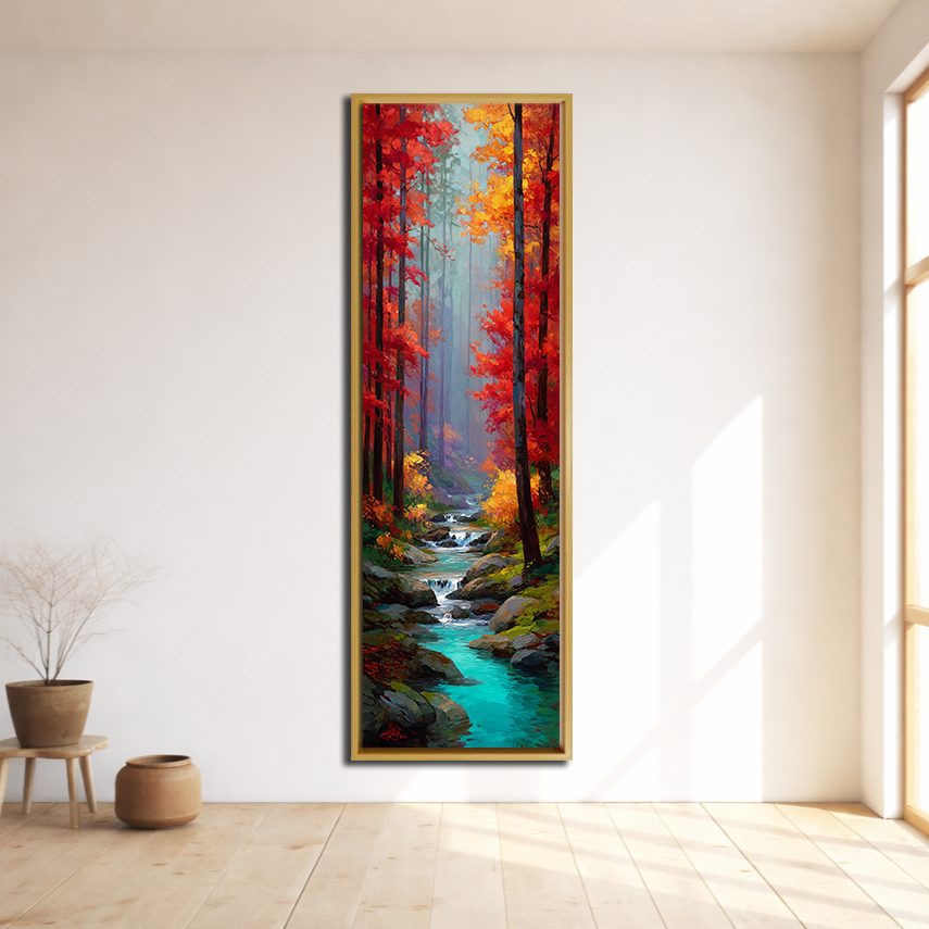 Red Autumn Forest and Turquoise Stream canvas wall art, natural wood floating frame