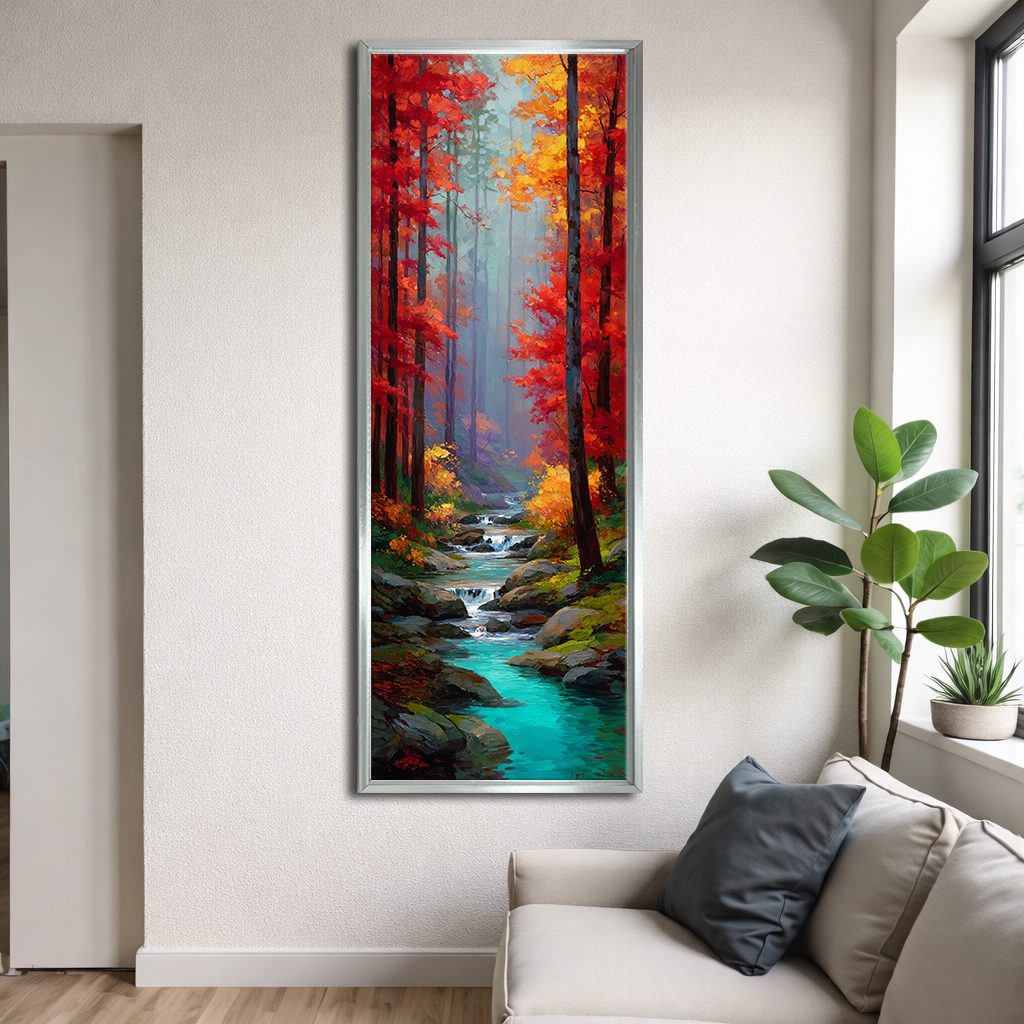 Red Autumn Forest and Turquoise Stream canvas wall art, silver floating frame