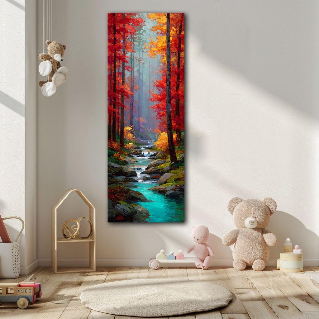 Red Autumn Forest and Turquoise Stream canvas wall art, unframed canvas