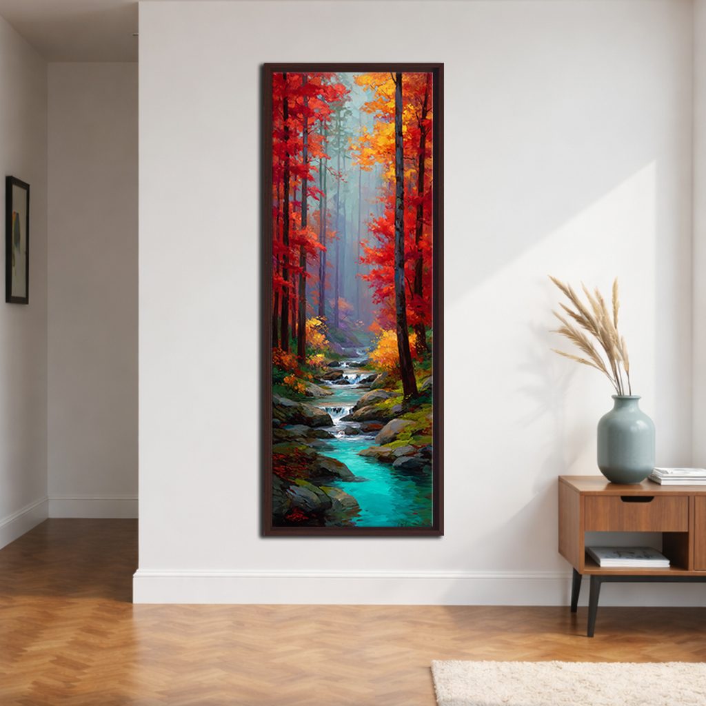 Red Autumn Forest and Turquoise Stream canvas wall art, walnut floating frame