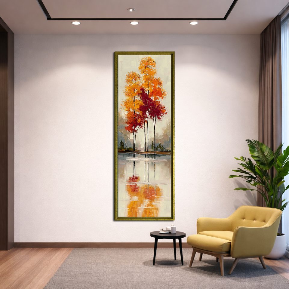 Red Autumn Trees Lake Reflection canvas wall art, gold floating frame
