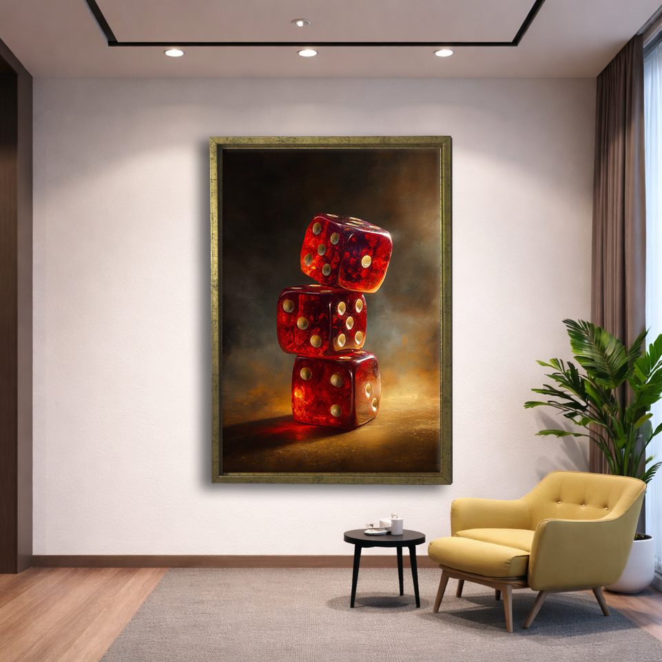 Red Dice Stack Still Life canvas wall art, gold floating frame