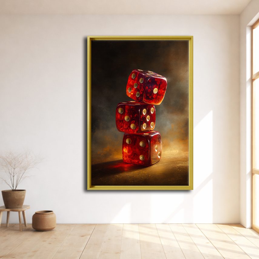 Red Dice Stack Still Life canvas wall art, natural wood floating frame