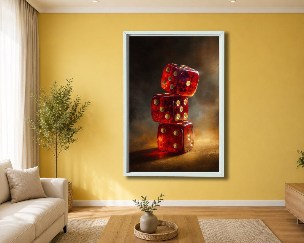 Red Dice Stack Still Life canvas wall art, white floating frame