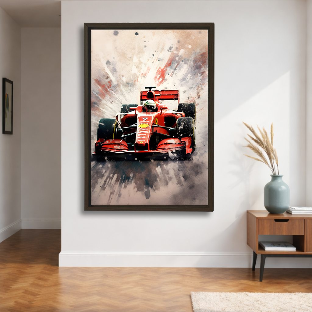 Red Formula Racing Car canvas wall art, walnut floating frame