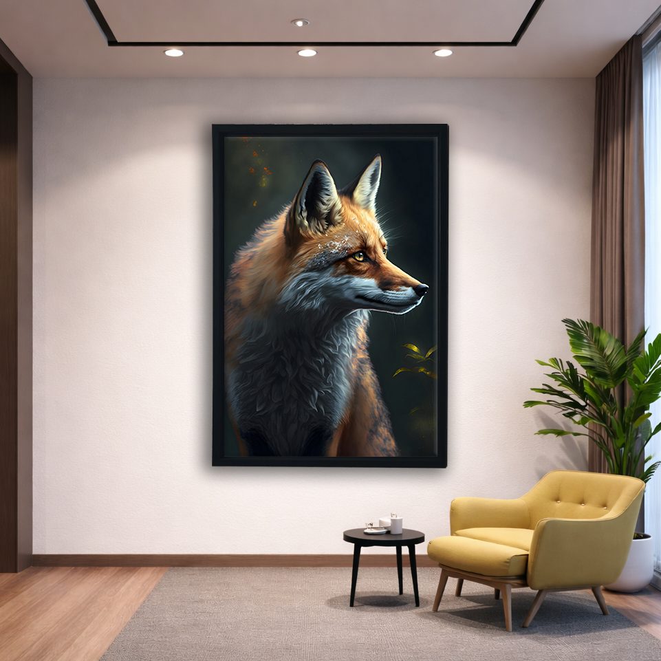 Red Fox Portrait canvas wall art, black floating frame