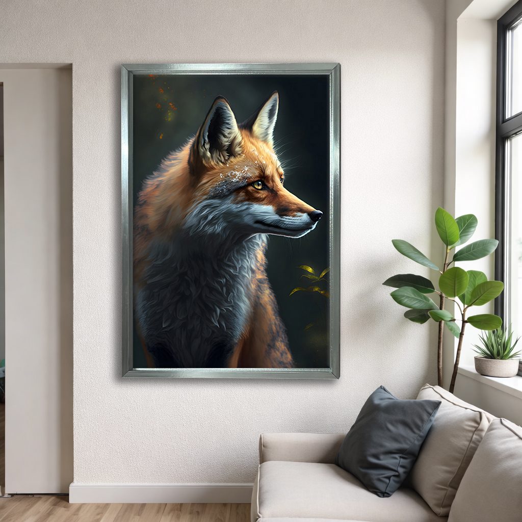 Red Fox Portrait canvas wall art, silver floating frame
