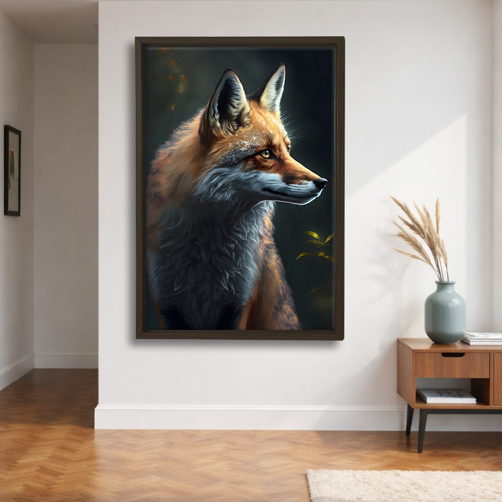 Red Fox Portrait canvas wall art, walnut floating frame