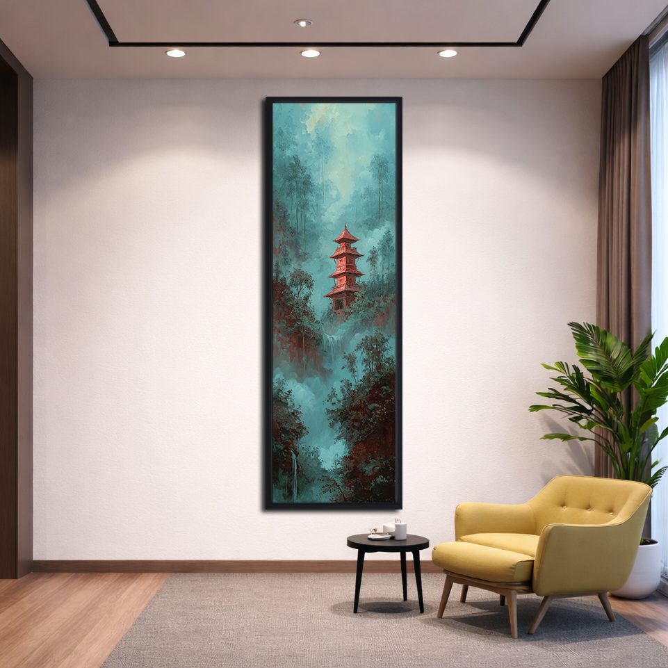 Red Pagoda in Teal Misty Forest canvas wall art, black floating frame