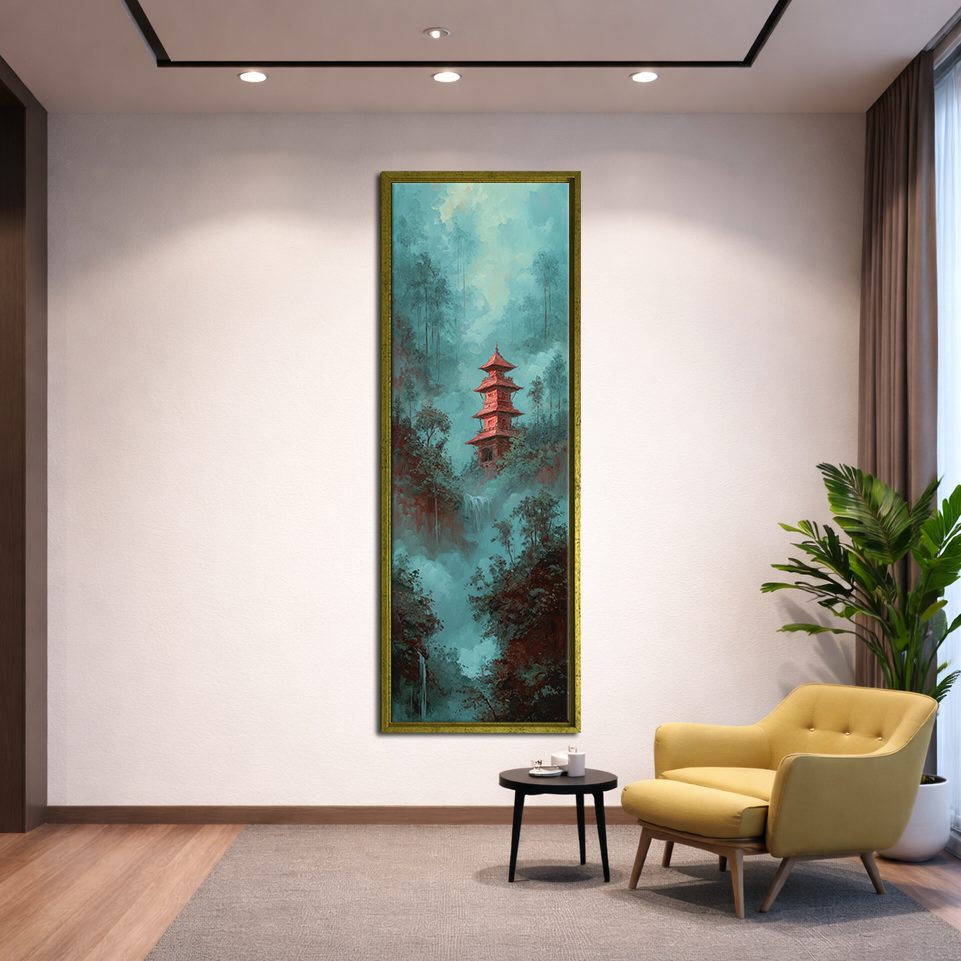 Red Pagoda in Teal Misty Forest canvas wall art, gold floating frame