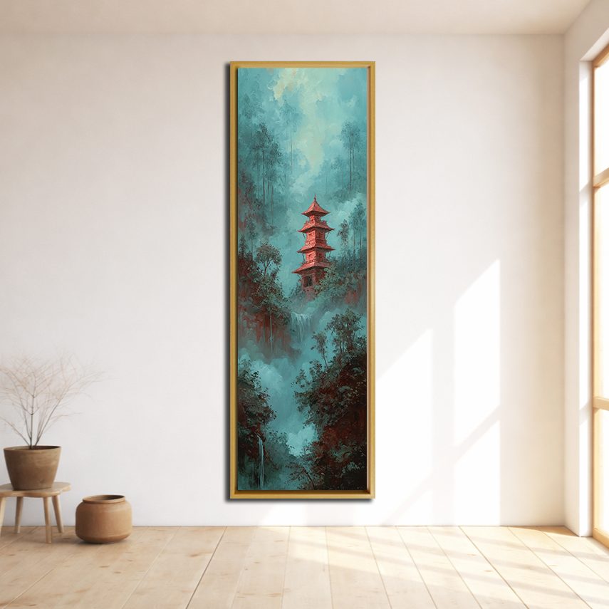 Red Pagoda in Teal Misty Forest canvas wall art, natural wood floating frame