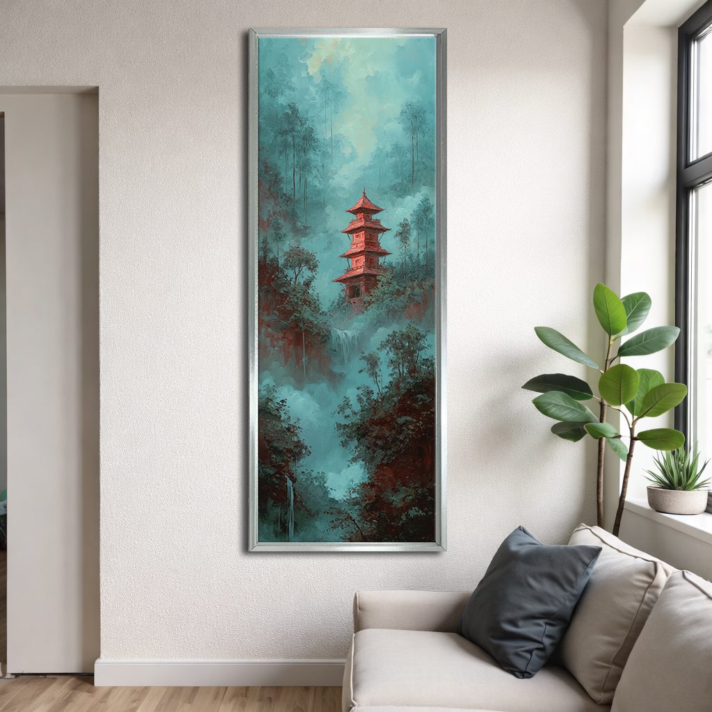 Red Pagoda in Teal Misty Forest canvas wall art, silver floating frame