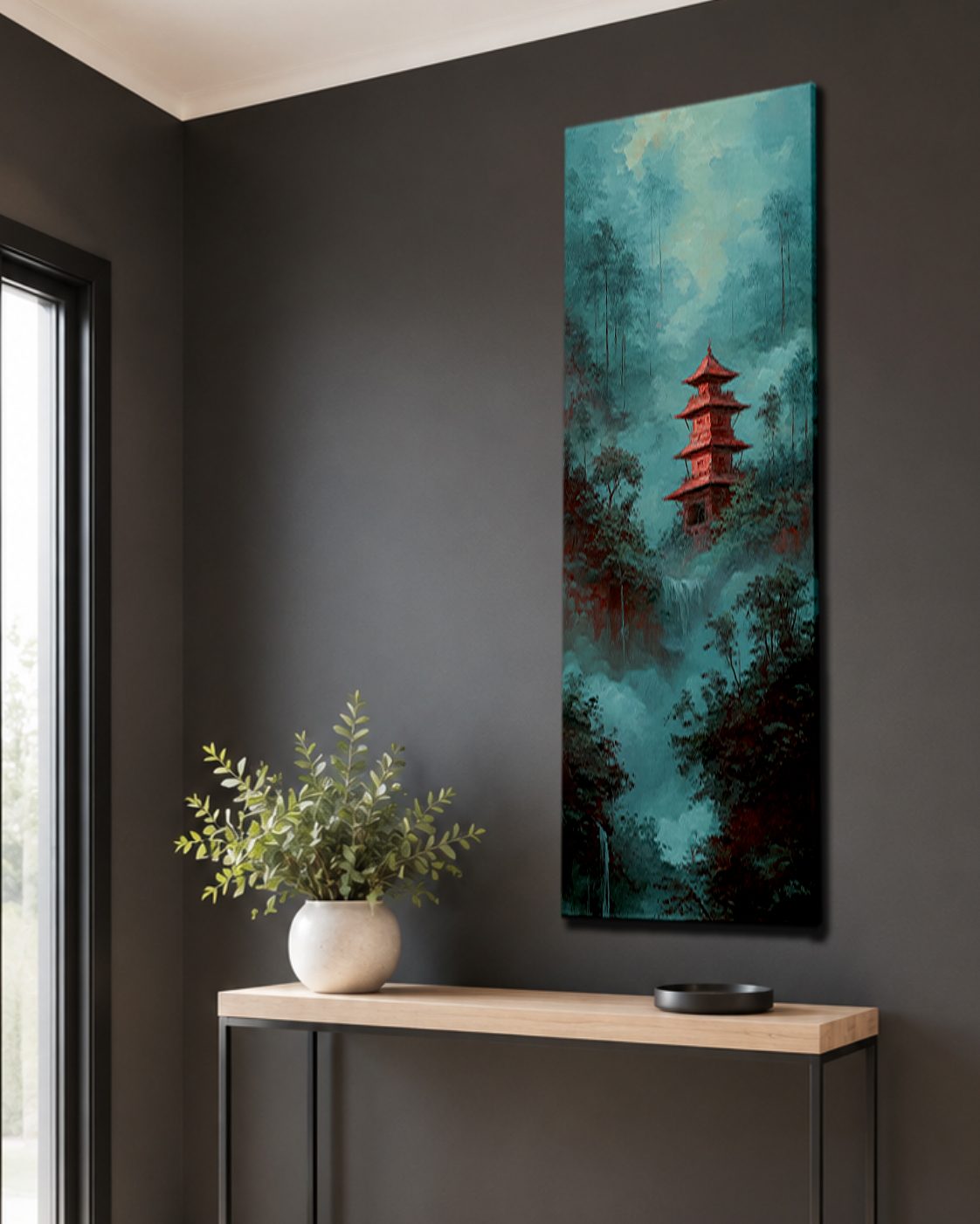 Red Pagoda in Teal Misty Forest canvas wall art, unframed canvas