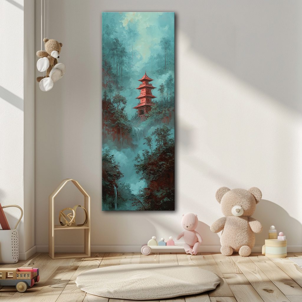 Red Pagoda in Teal Misty Forest canvas wall art, unframed canvas