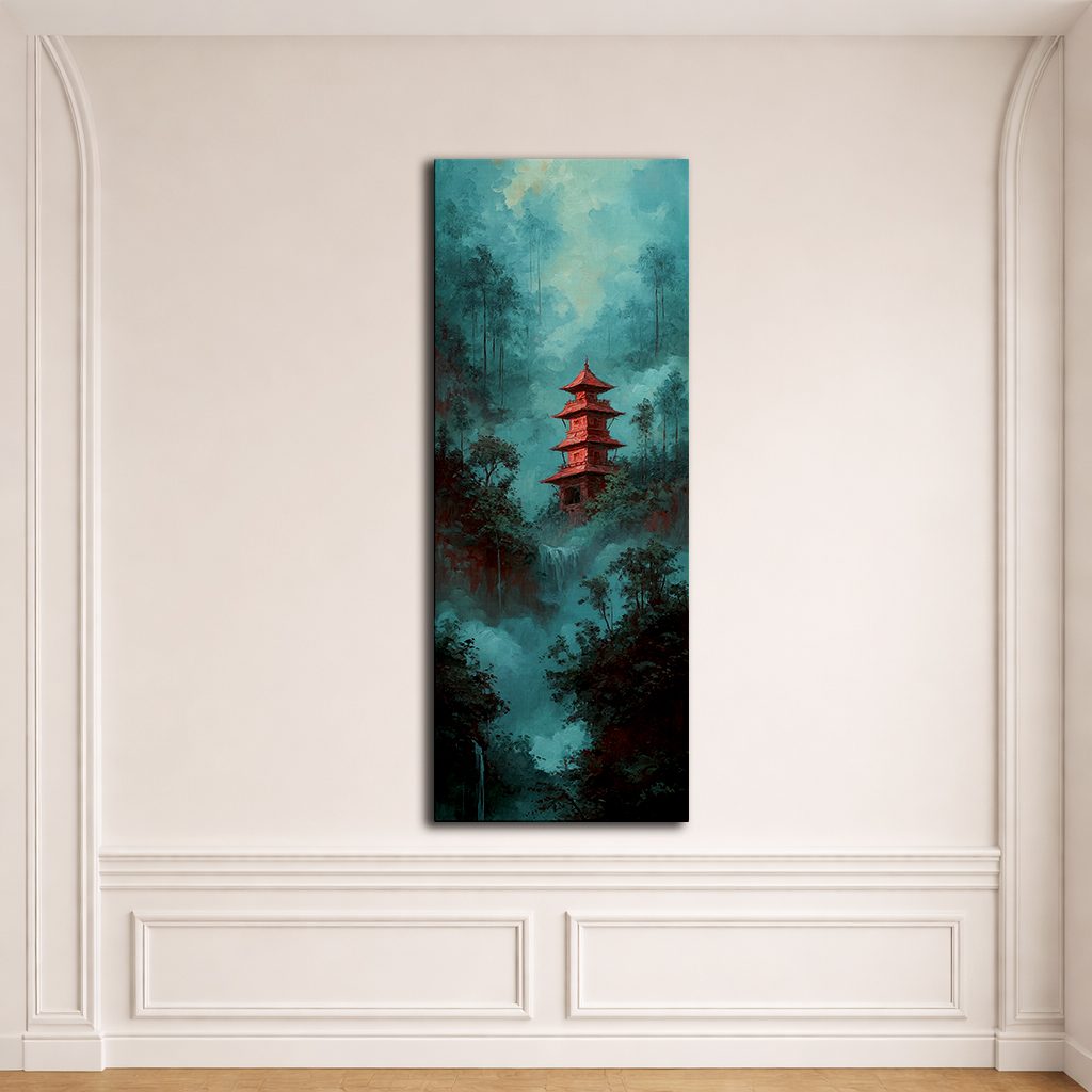 Red Pagoda in Teal Misty Forest canvas wall art, unframed canvas