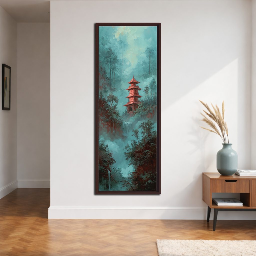 Red Pagoda in Teal Misty Forest canvas wall art, walnut floating frame