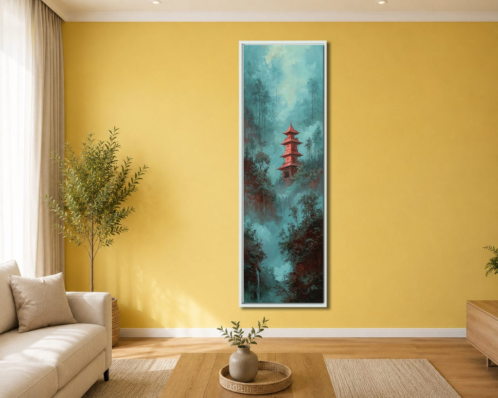 Red Pagoda in Teal Misty Forest canvas wall art, white floating frame