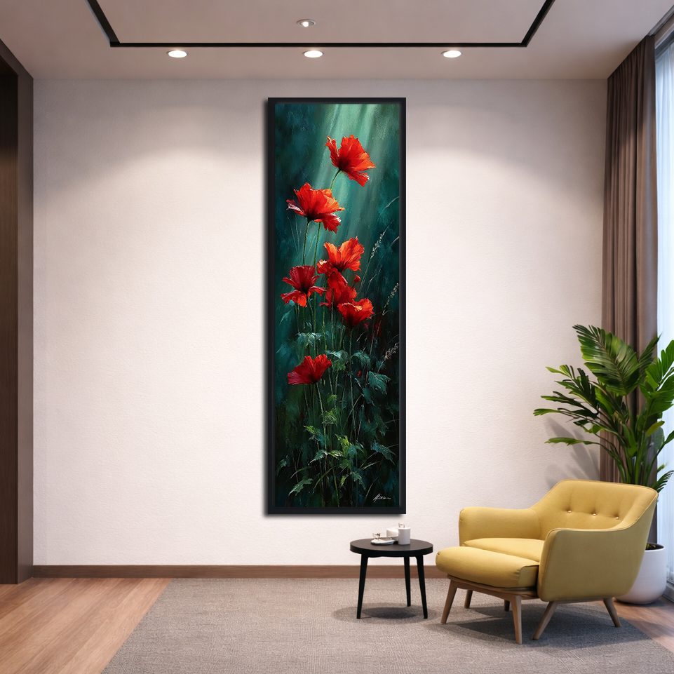 Red Poppies on Dark Green canvas wall art, black floating frame