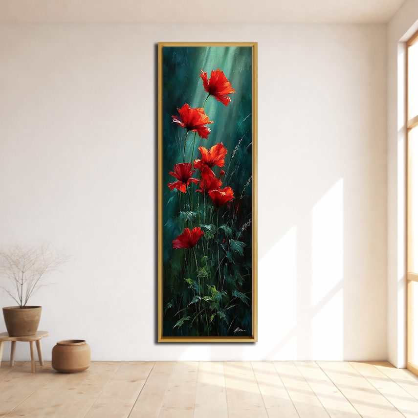 Red Poppies on Dark Green canvas wall art, natural wood floating frame