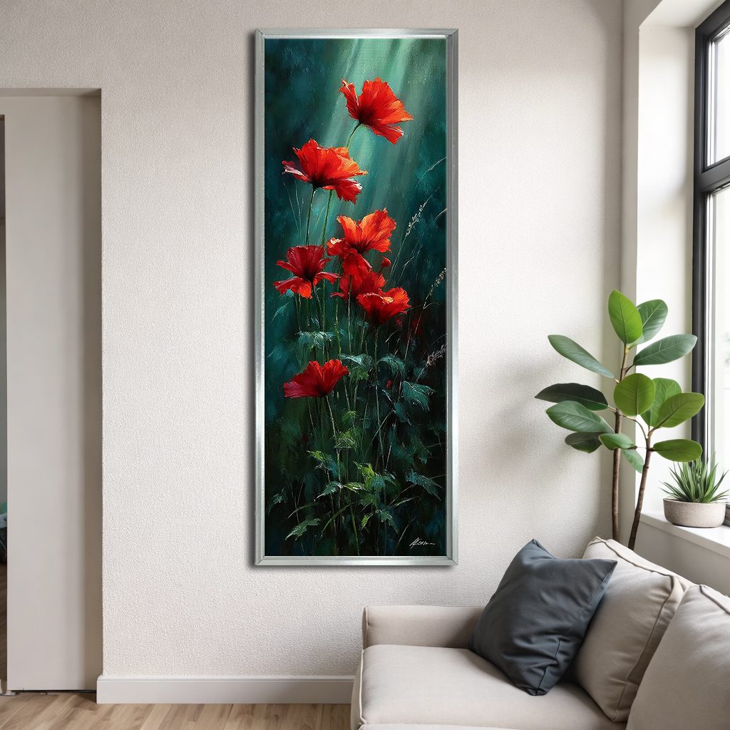 Red Poppies on Dark Green canvas wall art, silver floating frame