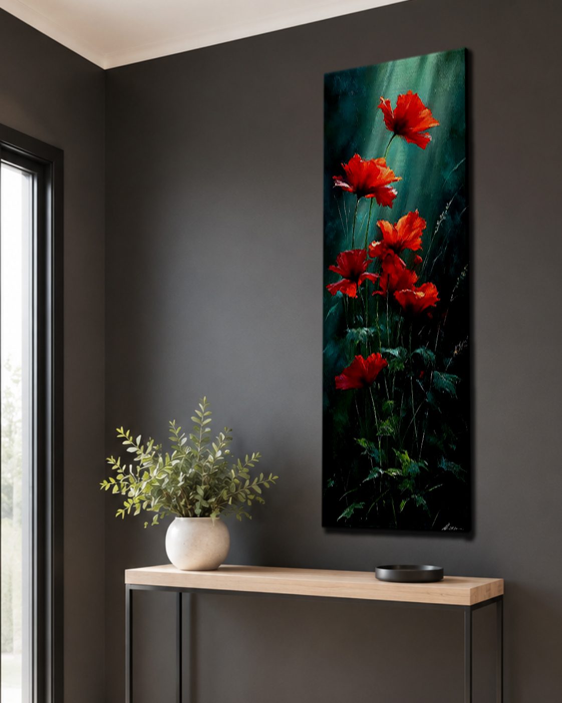 Red Poppies on Dark Green canvas wall art, unframed canvas