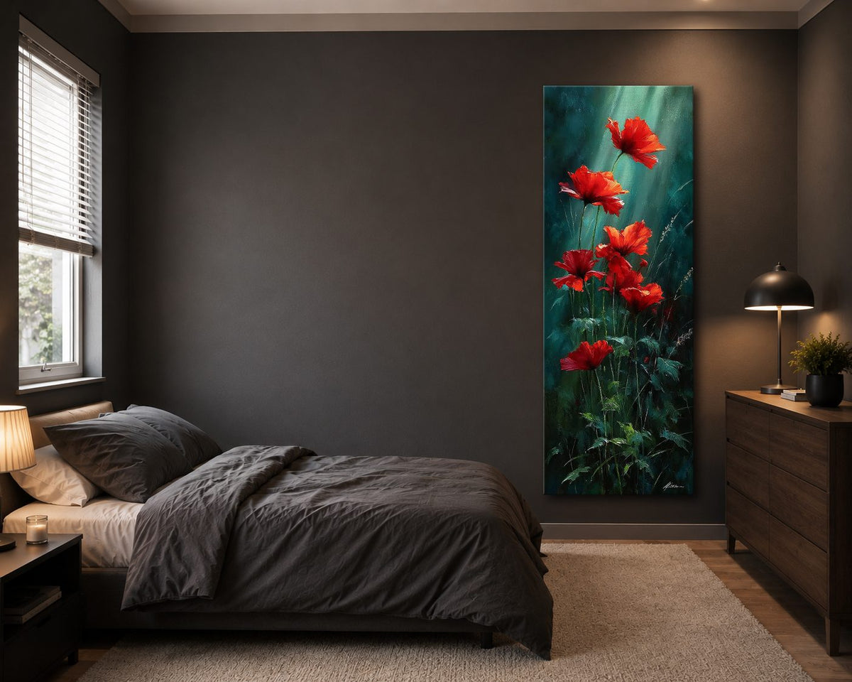 Red Poppies on Dark Green canvas wall art, unframed canvas