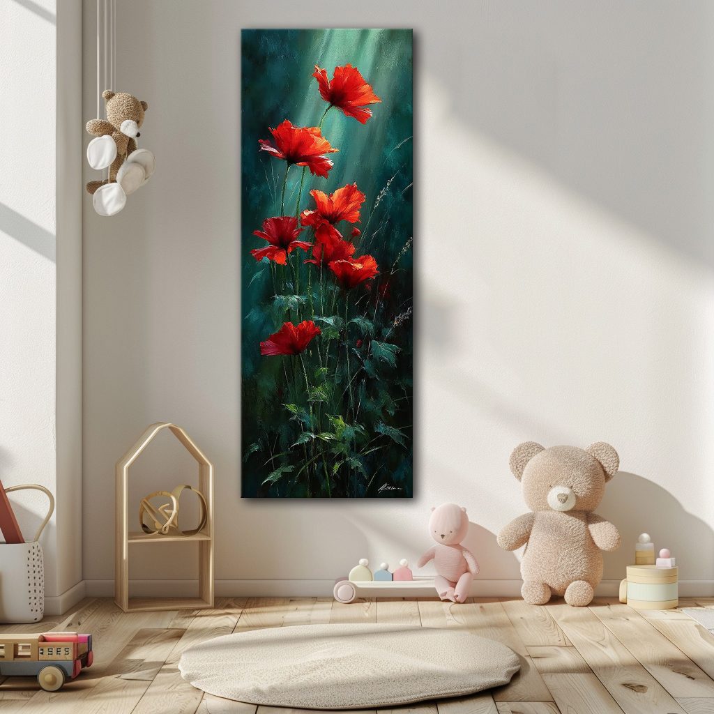 Red Poppies on Dark Green canvas wall art, unframed canvas