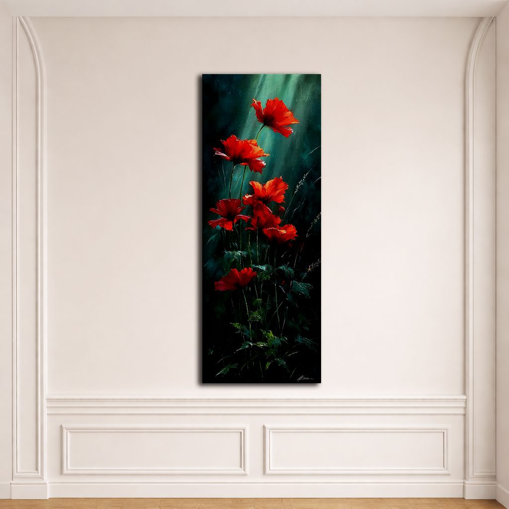 Red Poppies on Dark Green canvas wall art, unframed canvas