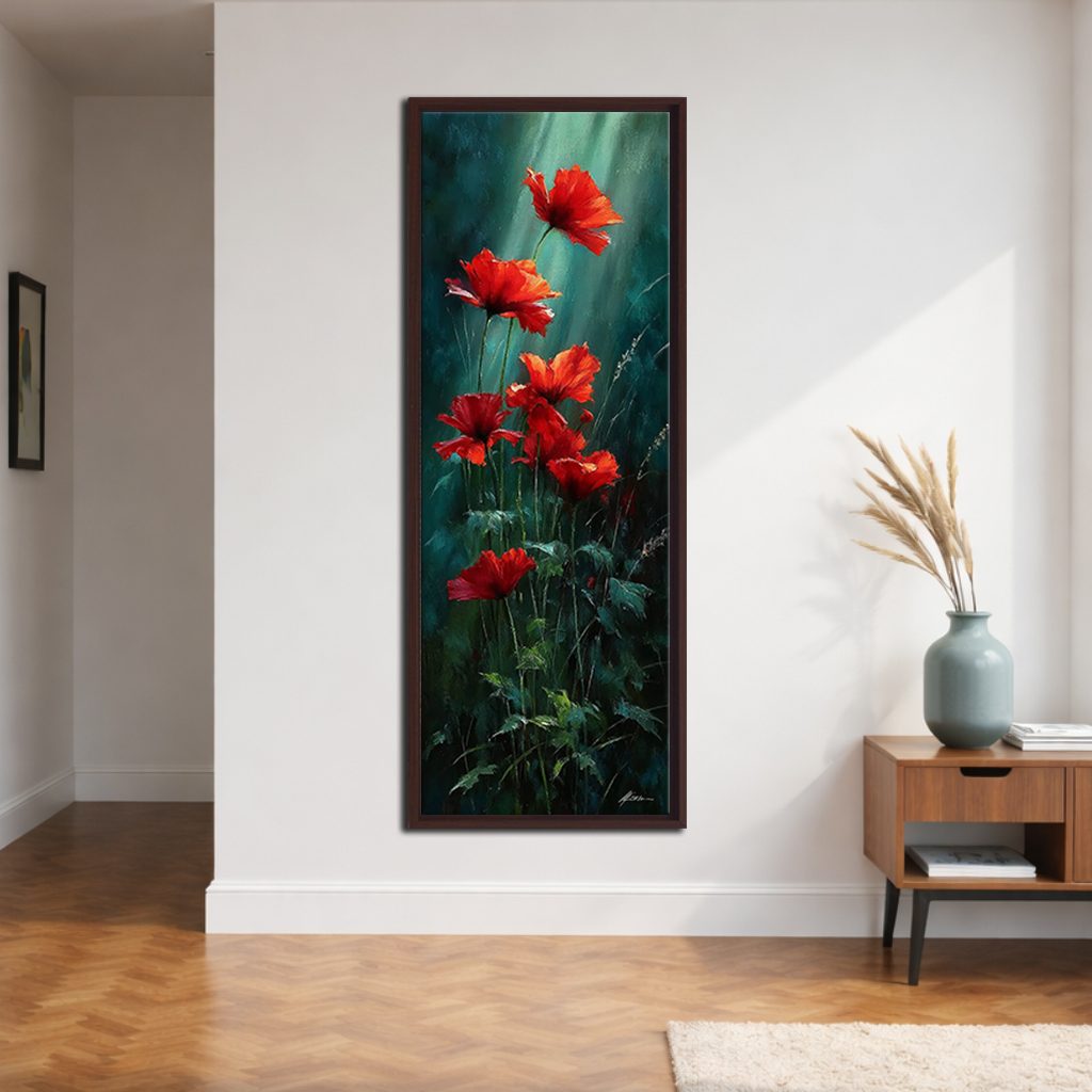 Red Poppies on Dark Green canvas wall art, walnut floating frame