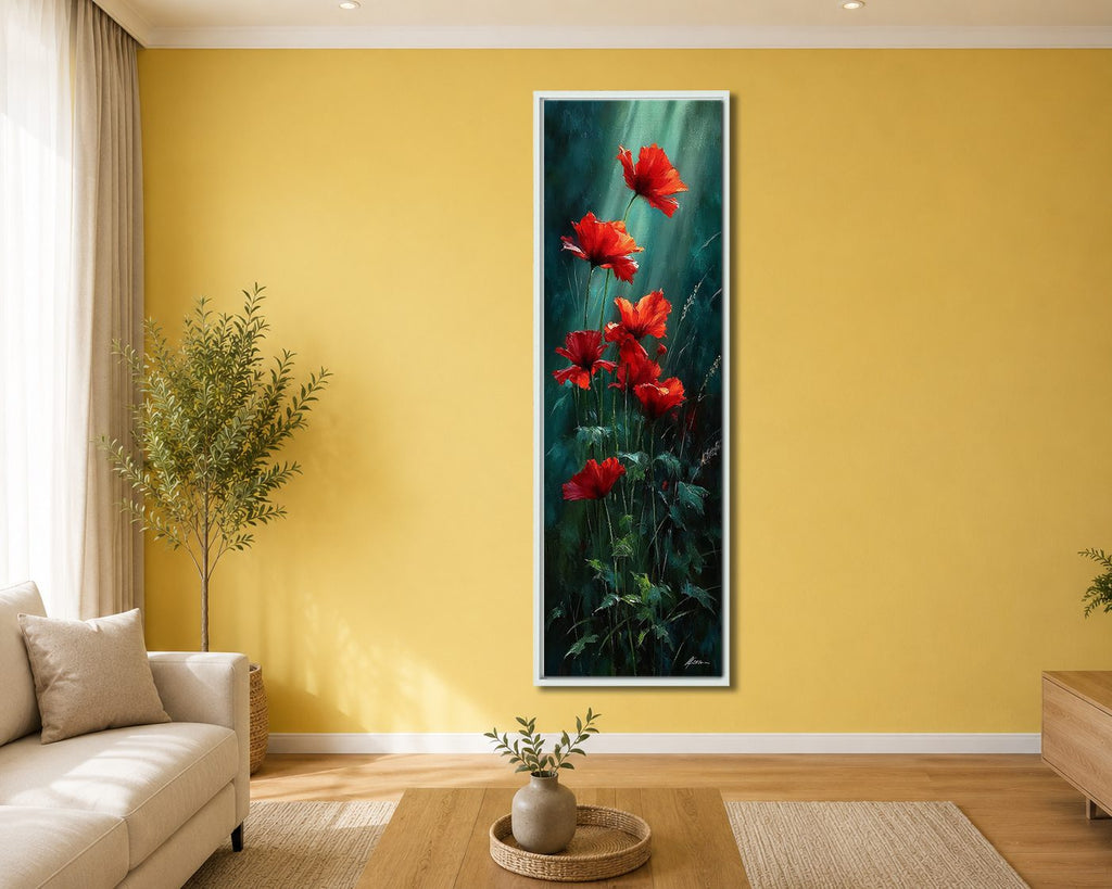 Red Poppies on Dark Green canvas wall art, white floating frame