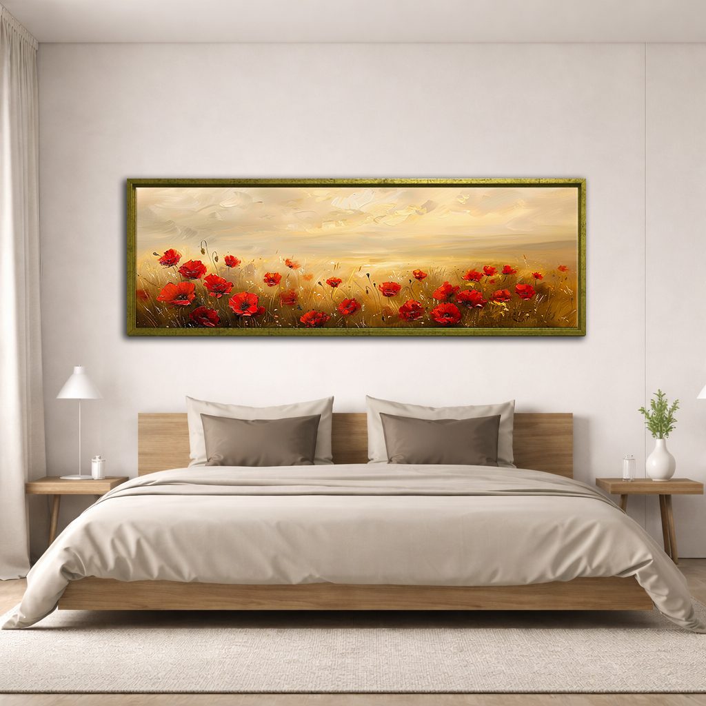 Red Poppy Field at Sunset canvas wall art, antique gold floating frame