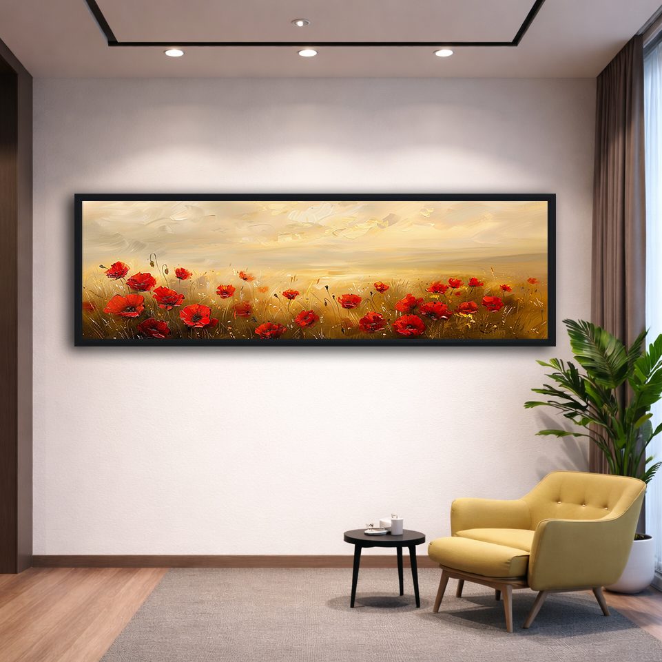 Red Poppy Field at Sunset canvas wall art, black floating frame