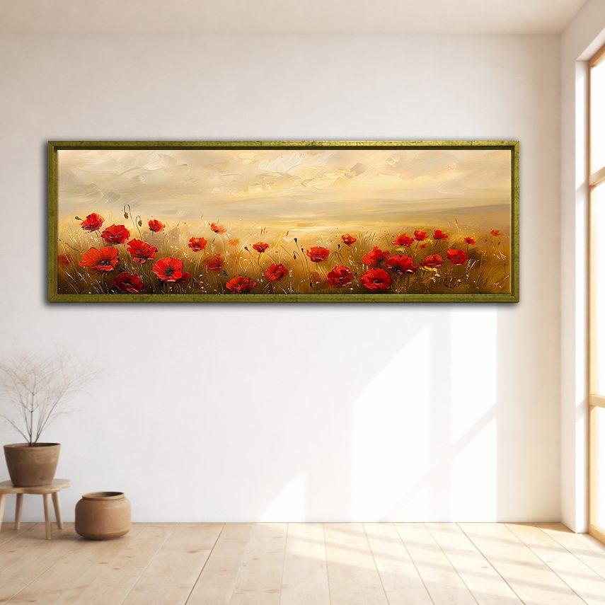 Red Poppy Field at Sunset canvas wall art, gold floating frame