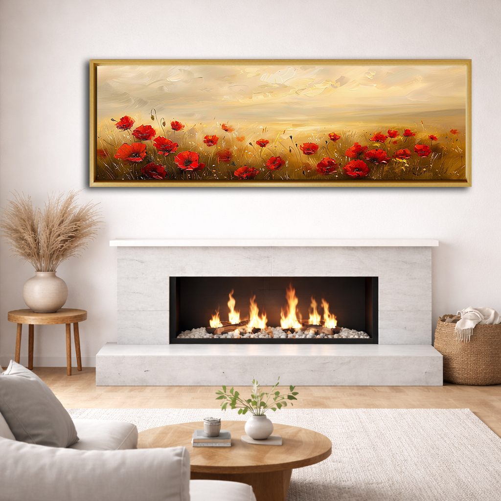 Red Poppy Field at Sunset canvas wall art, natural wood floating frame