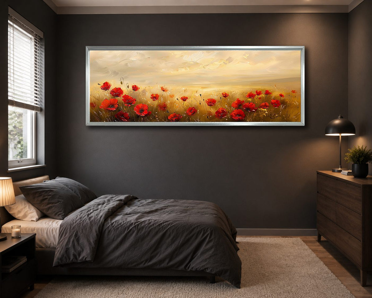 Red Poppy Field at Sunset canvas wall art, silver floating frame