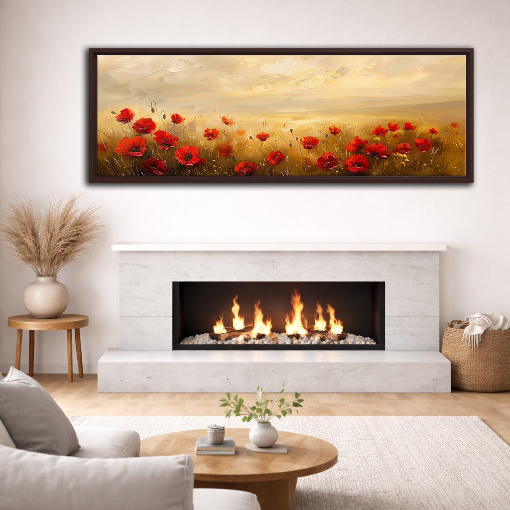 Red Poppy Field at Sunset canvas wall art, walnut floating frame